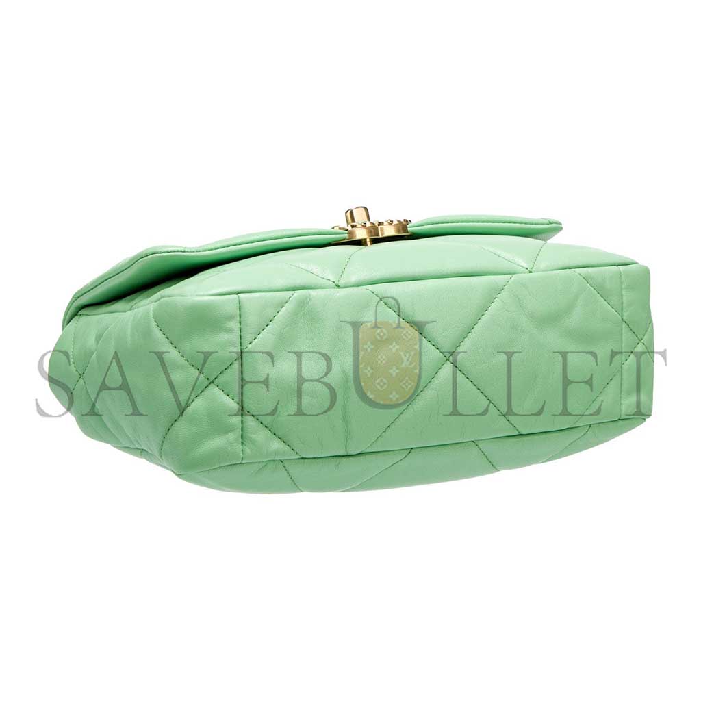 CHANEL GREEN QUILTED LAMBSKIN CHANEL 19 FLAP GOLD AND RUTHENIUM HARDWARE AS1160 (26*16*9cm)